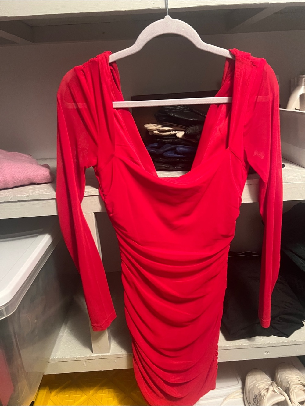 Red Long-Sleeve Ruched Cowl Dress